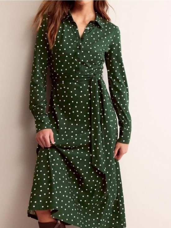 Boden Dresses & Skirts - Boden Green Polka Dot Midi Shirtdress with Tie Waist - Size 14R